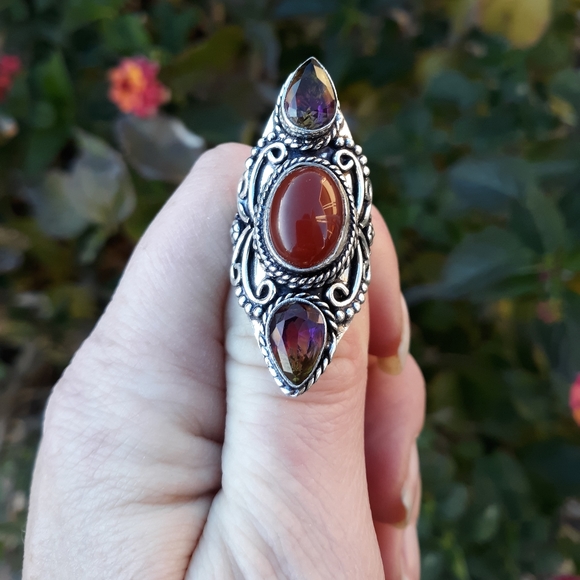 New Amazing Carnelian & Bi-Color Tourmaline 925 Silver Statement Ring. - Picture 4 of 8